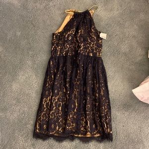 Summer dress. Tan base with dark blue lace cover.